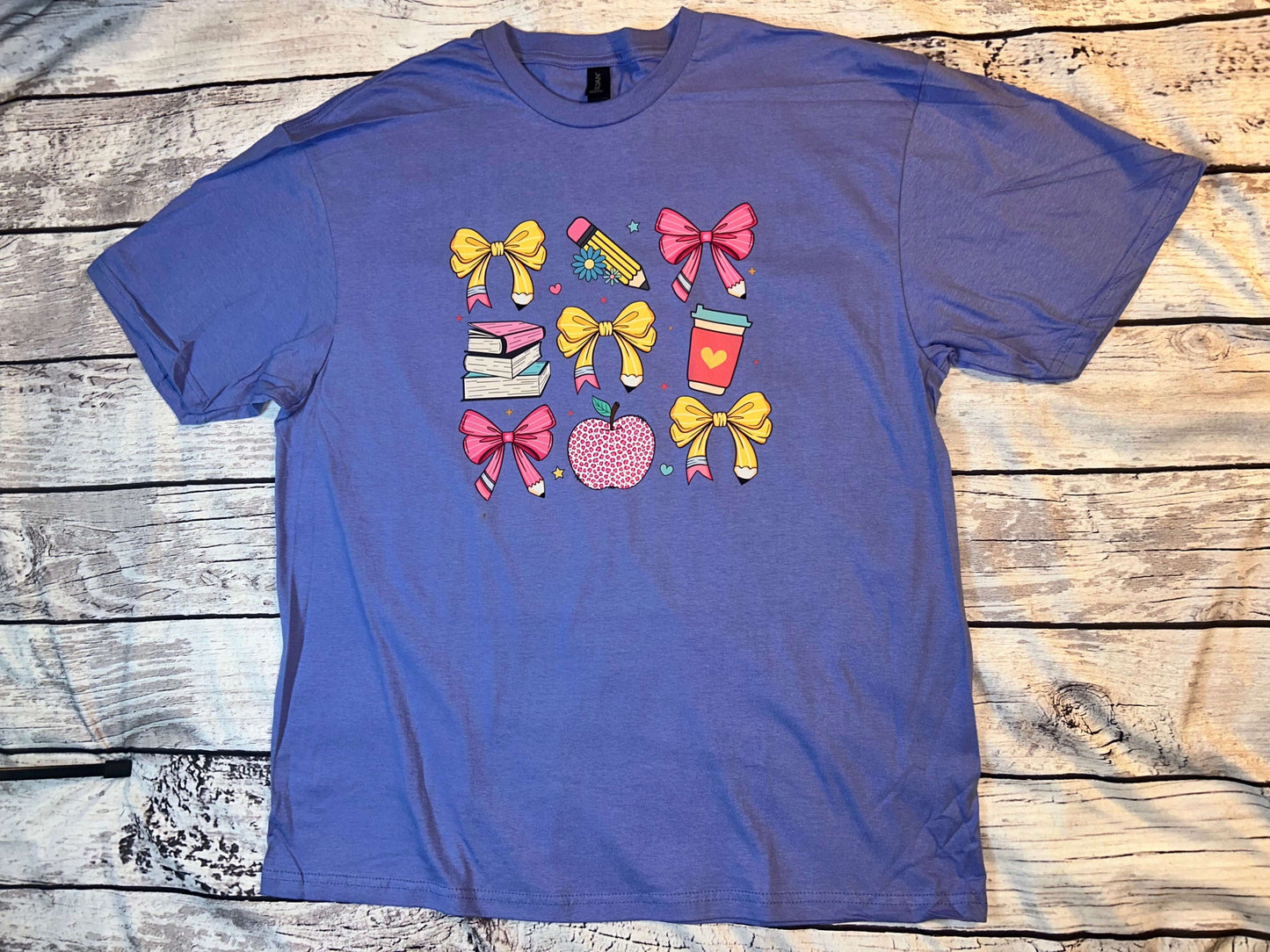Heather Purple t-shirt with colorful Teacher/School Staff graphic design