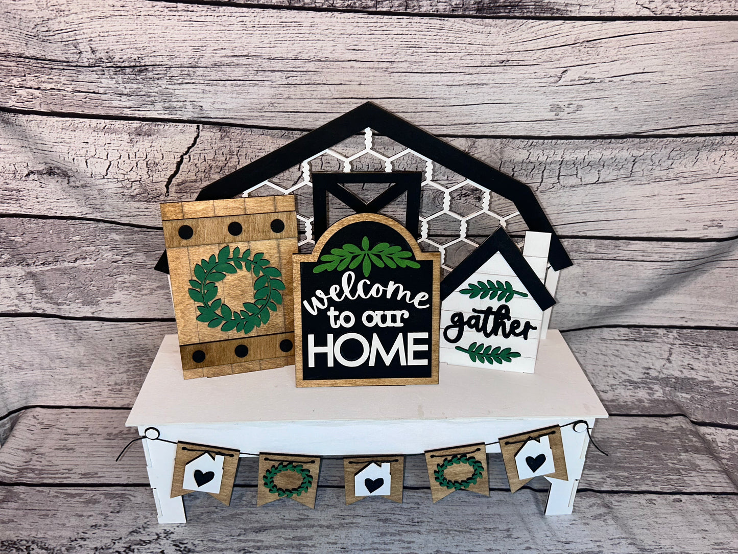 Barn bench interchangeable decor