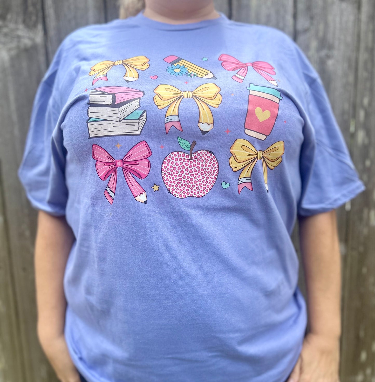 Colorful Teacher Shirt with Bows, Apple, Books & Coffee