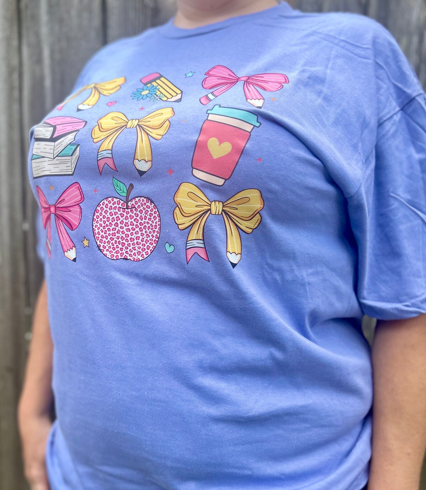 Colorful Teacher Shirt with Bows, Apple, Books & Coffee