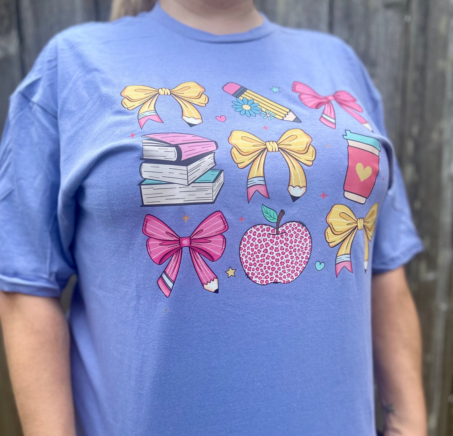 Colorful Teacher Shirt with Bows, Apple, Books & Coffee