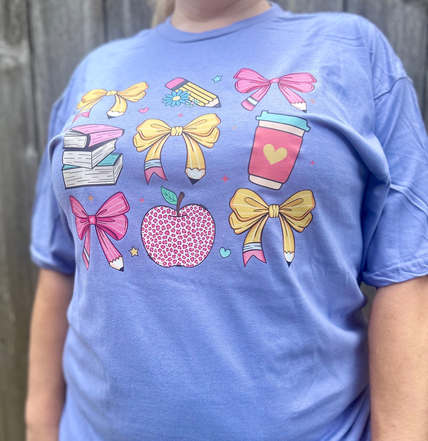 Colorful Teacher Shirt with Bows, Apple, Books & Coffee
