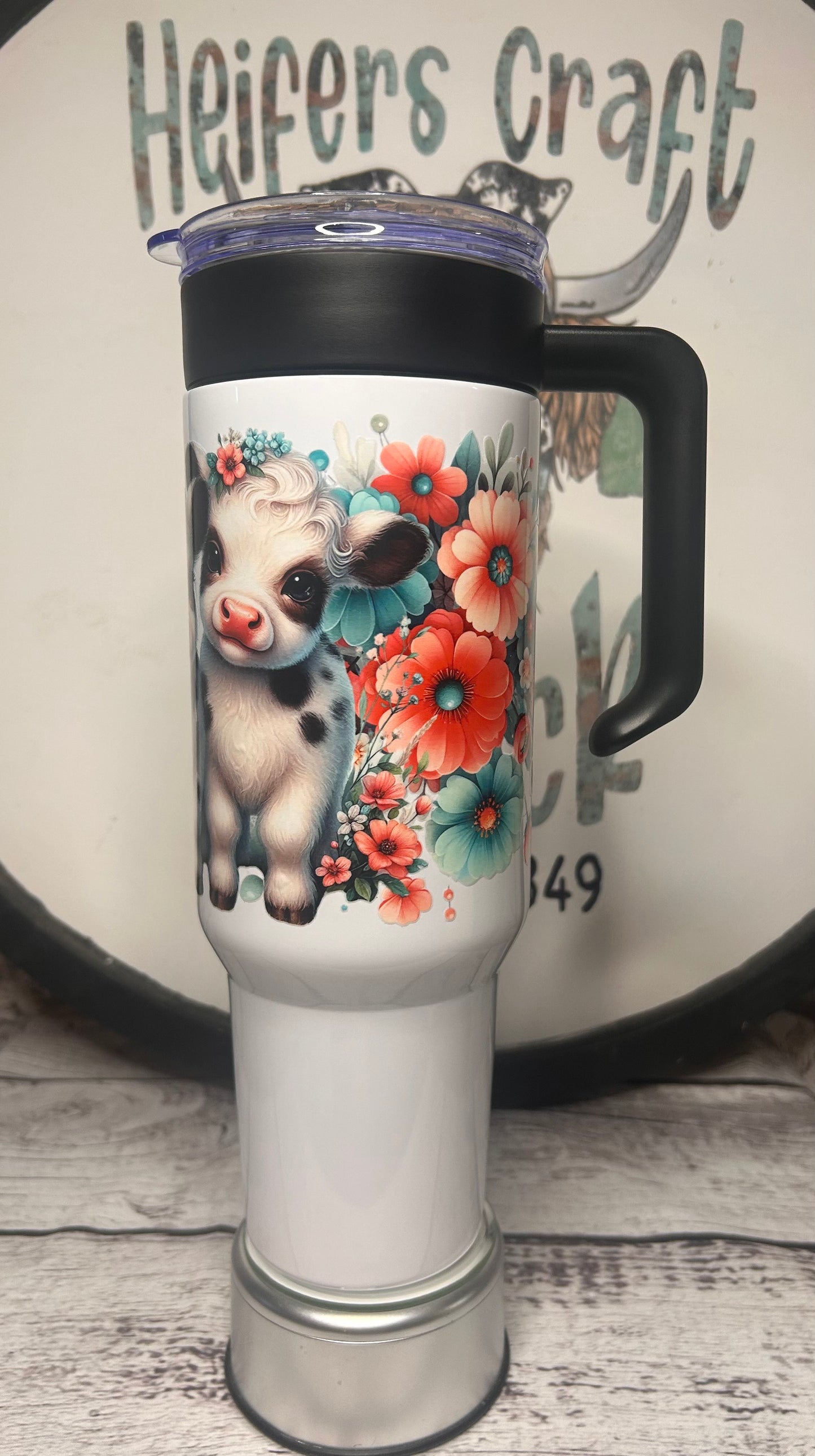 Cute Floral Cow 40oz Tumbler with Handle