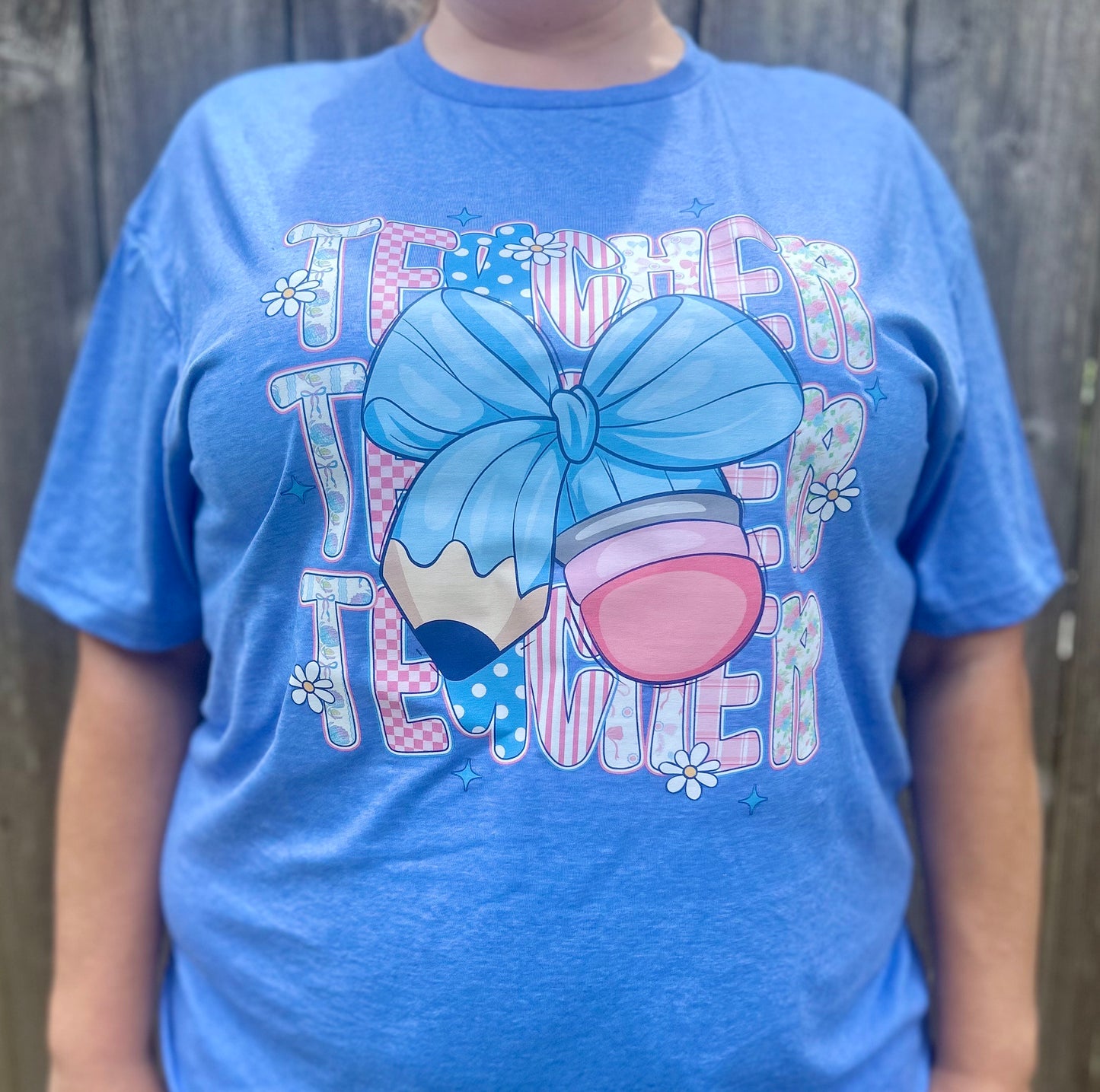 Blue Bow Teacher T-Shirt – Cute Pencil