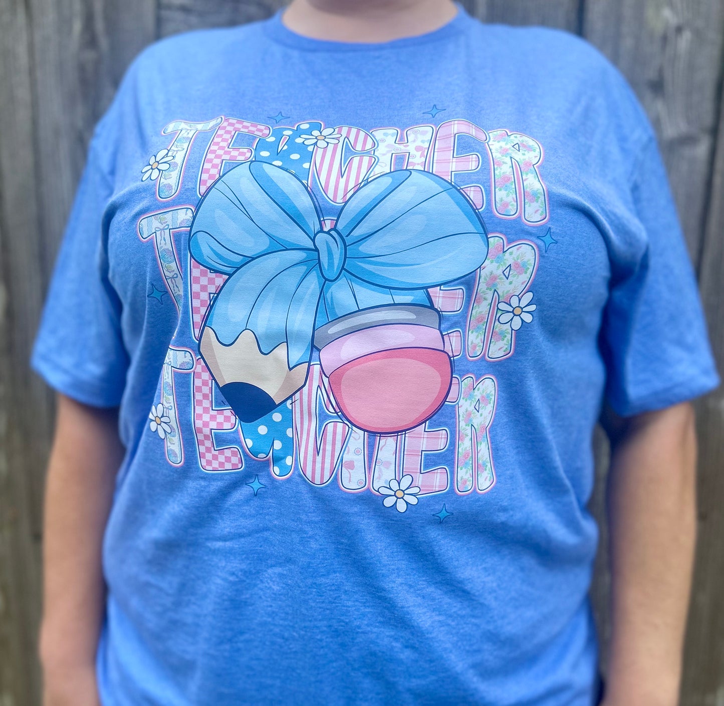 Blue Bow Teacher T-Shirt – Cute Pencil