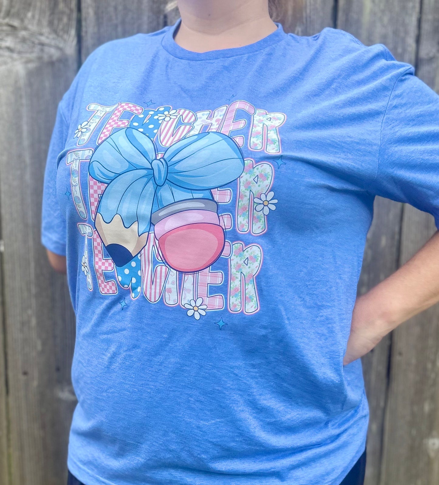Blue Bow Teacher T-Shirt – Cute Pencil