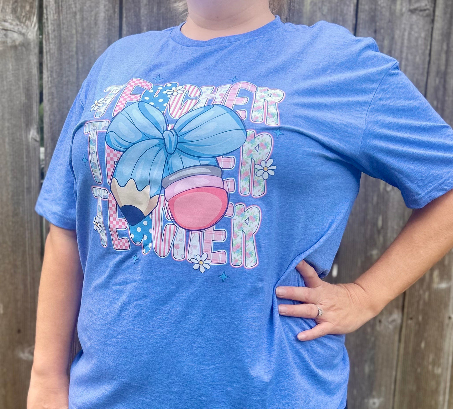 Blue Bow Teacher T-Shirt – Cute Pencil