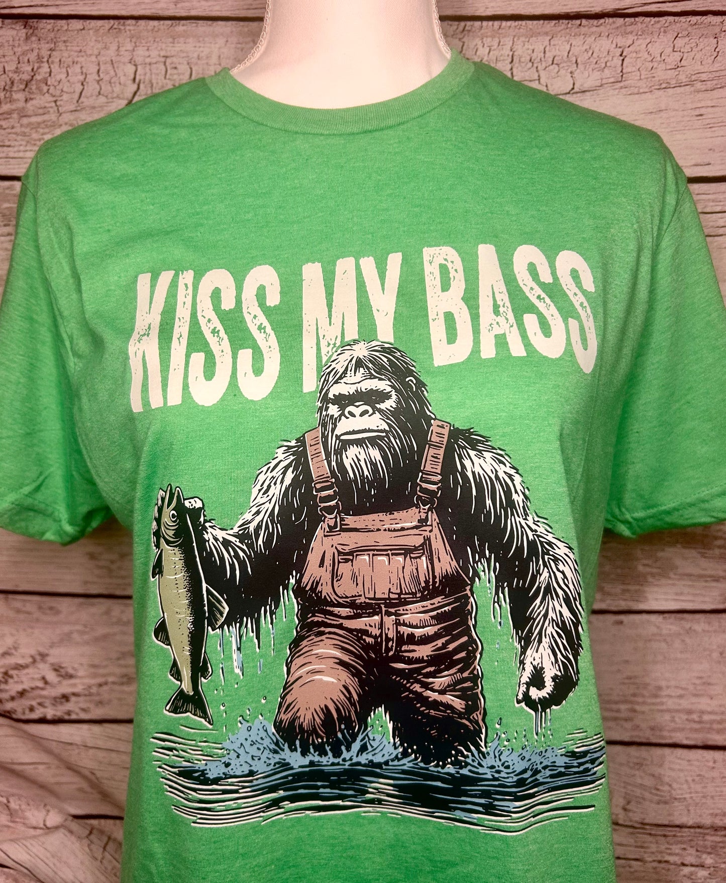 Kiss My Bass T-Shirt – Funny Bigfoot Fishing Tee
