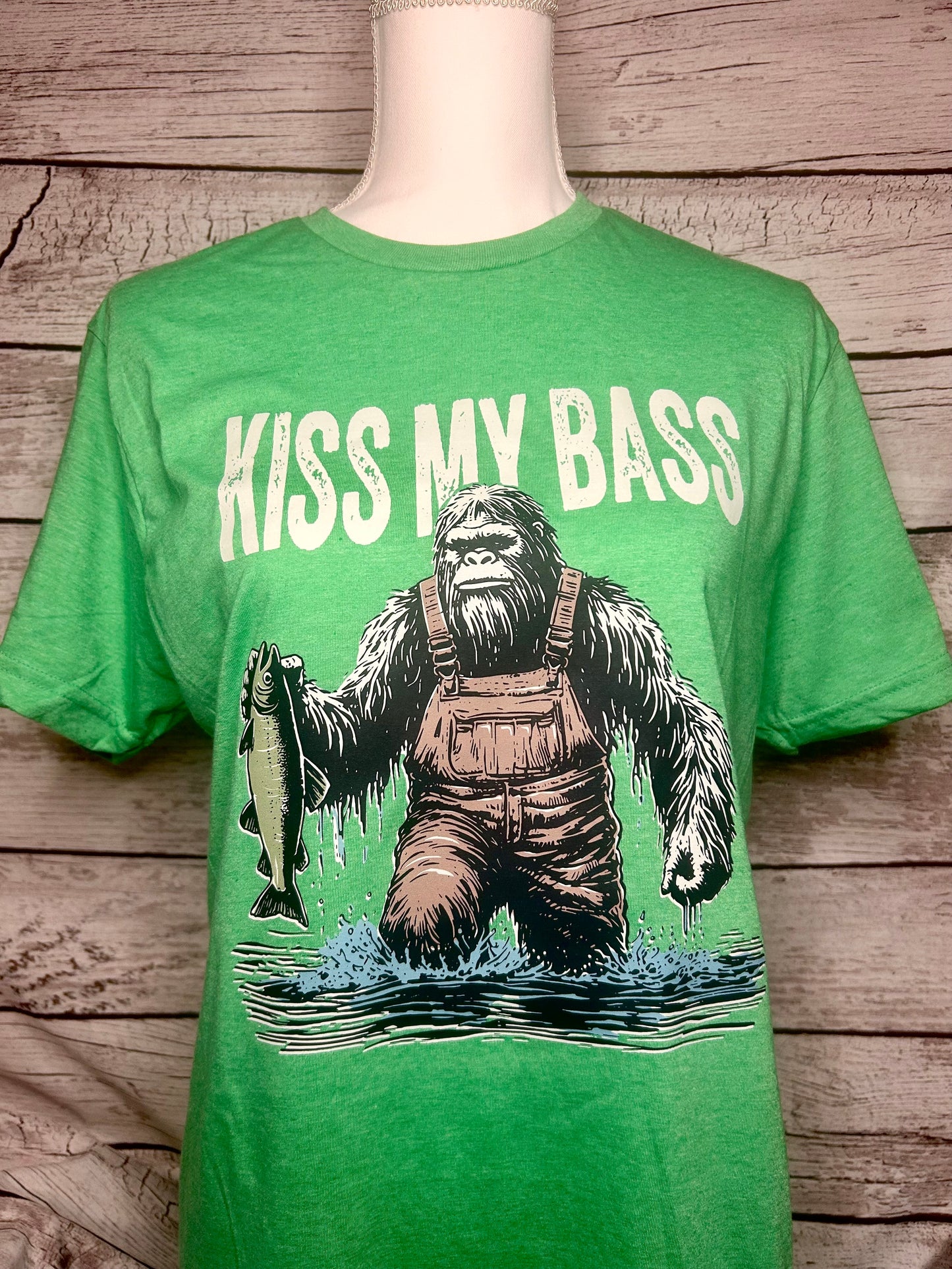 Kiss My Bass T-Shirt – Funny Bigfoot Fishing Tee