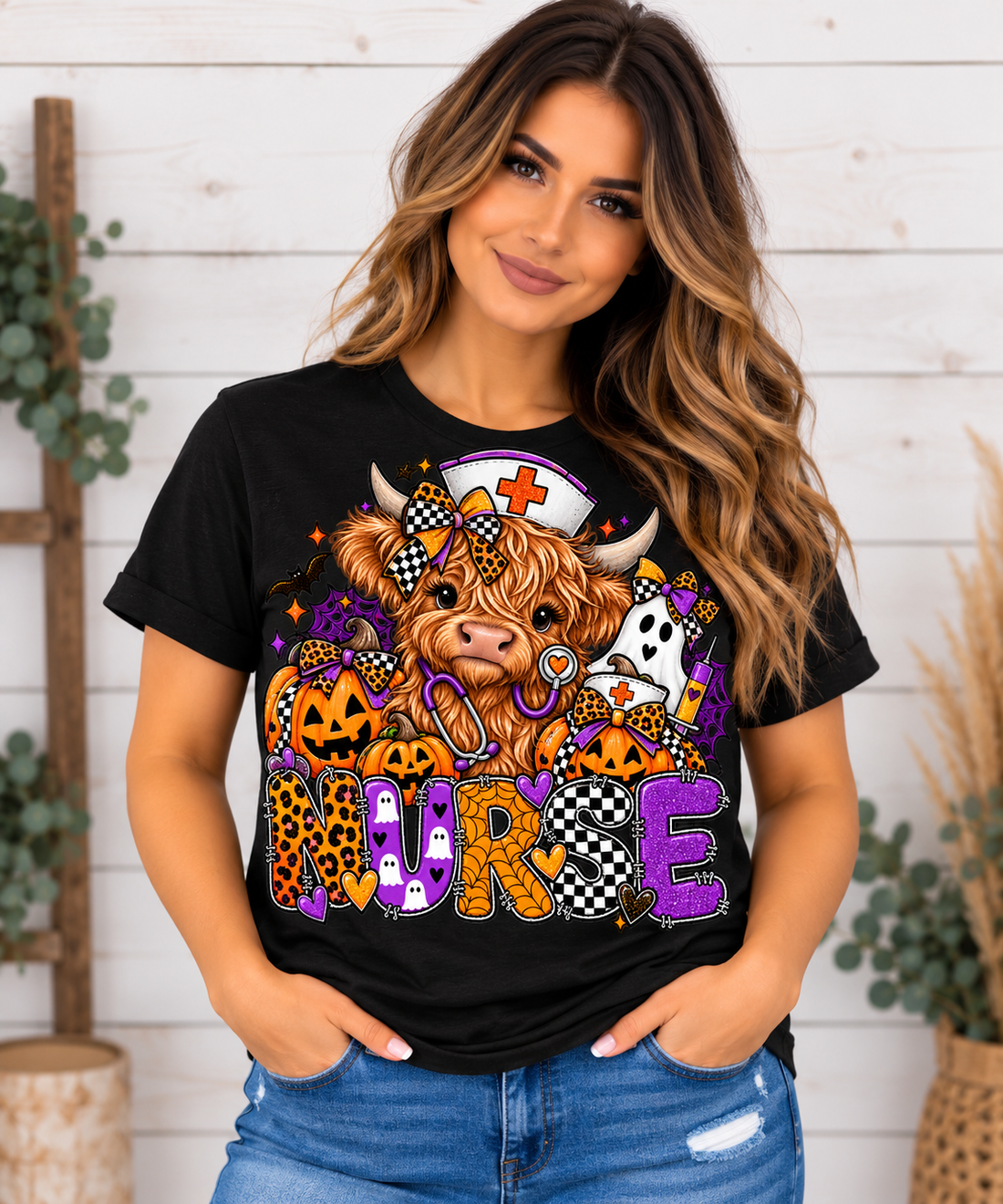 Halloween Nurse Highland Cow Graphic Tee | Spooky Nurse Shirt