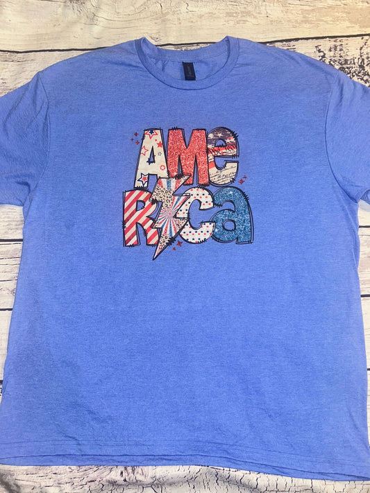 America Tee for the 4th of July with patch work design on heather royal blue shirt 