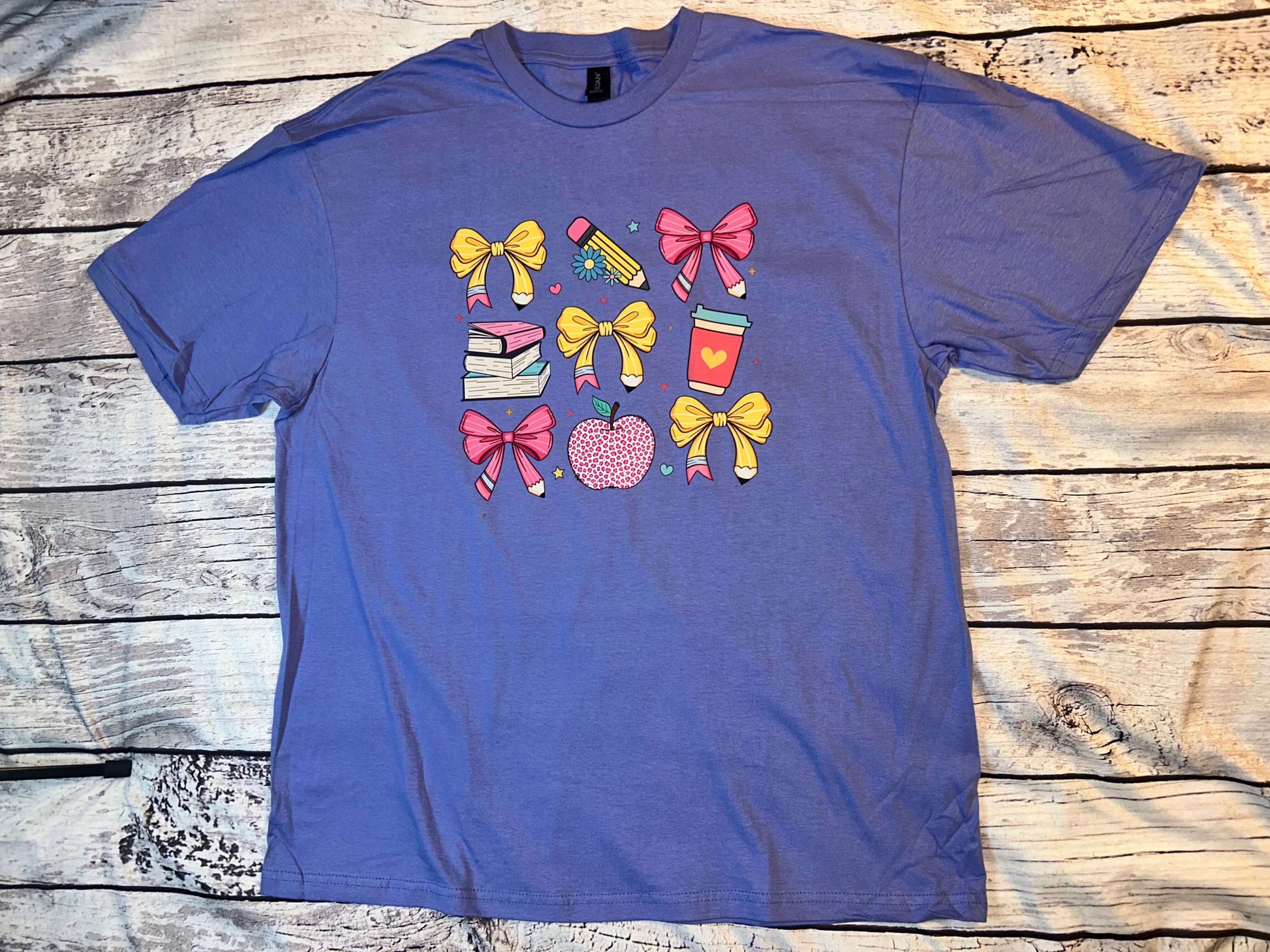 Heather Purple t-shirt with colorful Teacher/School Staff graphic design