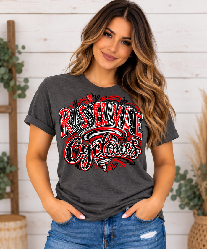 Russellville Cyclones Doodle Graphic Tee | Red Black & White School Spirit Shirt