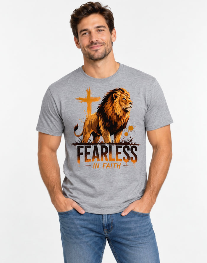 Fearless in Faith Lion & Cross Christian Graphic Tee