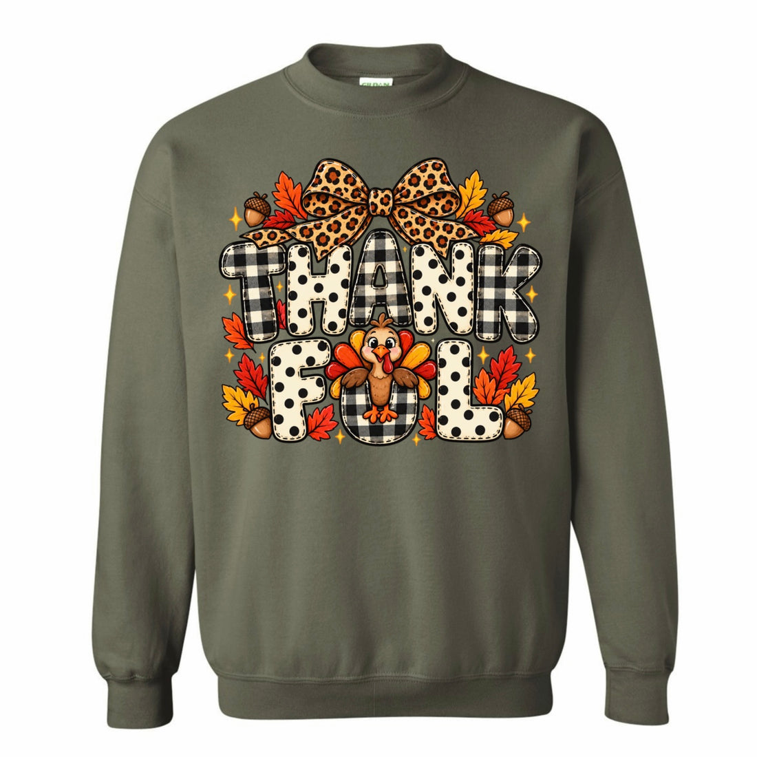 Thankful Turkey Leopard Bow Fall Crewneck Sweatshirt