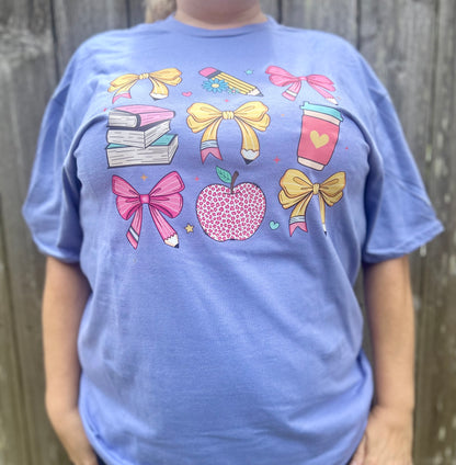 Colorful Teacher Shirt with Bows, Apple, Books & Coffee