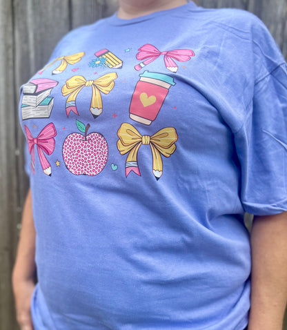 Colorful Teacher Shirt with Bows, Apple, Books & Coffee