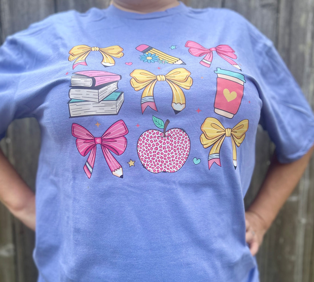 Colorful Teacher Shirt with Bows, Apple, Books & Coffee