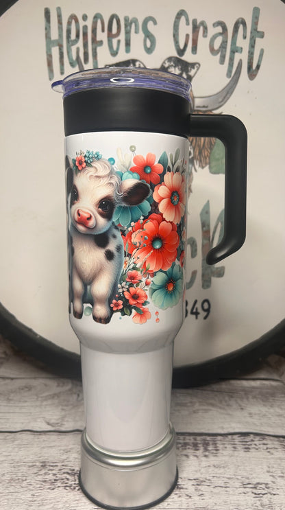 Cute Floral Cow 40oz Tumbler with Handle
