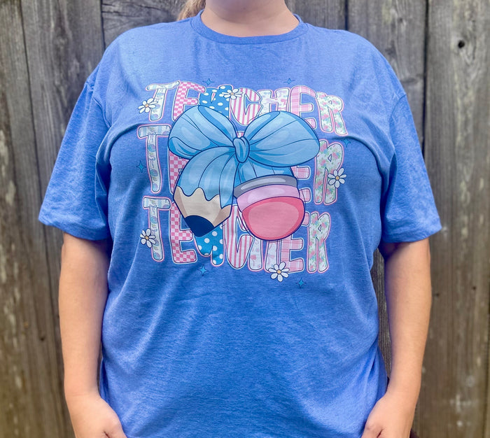 Blue Bow Teacher T-Shirt – Cute Pencil