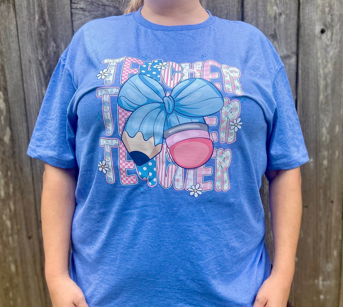 Blue Bow Teacher T-Shirt – Cute Pencil