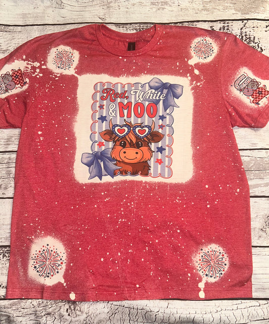 Red white and blue cow t-shirt with fireworks and bows, patriotic 4th of July theme