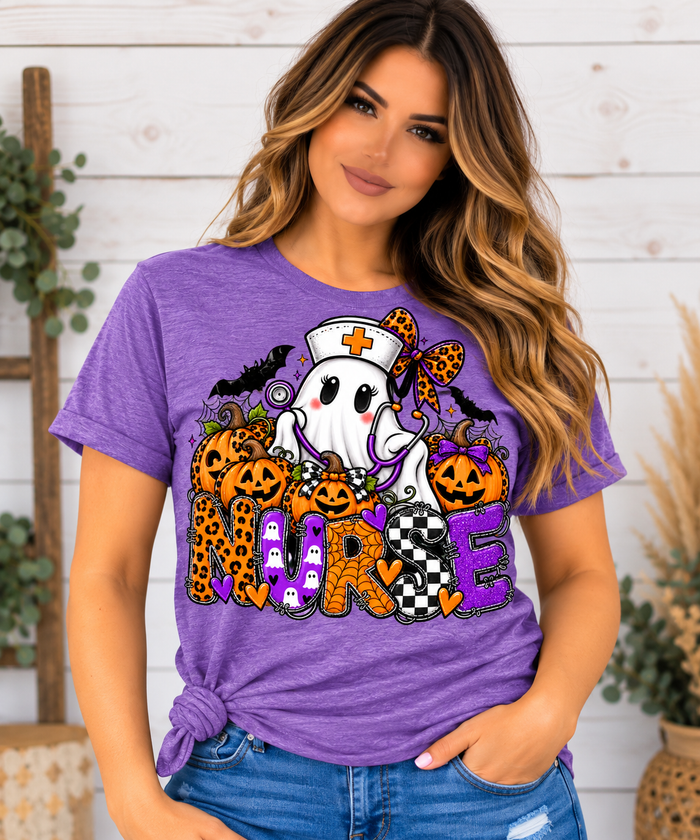 Halloween Nurse Ghost Graphic Tee | Spooky Nurse Pumpkin Shirt