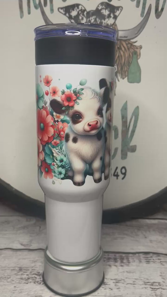 Cute Floral Cow 40oz Tumbler with Handle